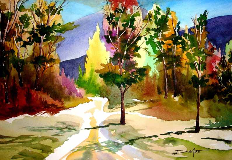 Painting watercolor landscape trees