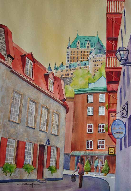 peinture aquarelle vieux quebec chateau frontenac